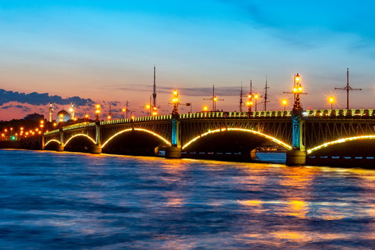 Troitskiy bridge at night, Saint Petersburg, Russia