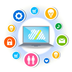 クラウドサーバーとインスピレーションイメージ、フラットデザイン、キャッシュレス、IOT