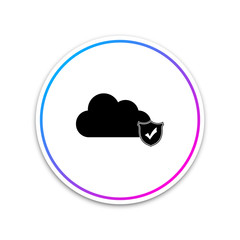 Cloud and shield with check mark icon on white background. Cloud storage data protection. Security, safety, protection, privacy concept. Cloud computing. Circle white button. Vector Illustration