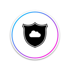 Cloud and shield icon isolated on white background. Cloud storage data protection. Security, safety, protection, privacy concept. Cloud computing. Circle white button. Vector Illustration