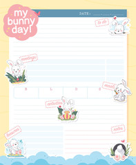 Vector daily planner organizer page design template, calendar for children. Cute hand drawn bunny character stickers. To do list flat lay, pastel colors, hand drawn style. Time management equipment.