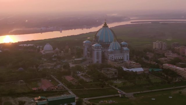 Mayapur, India TOVP temple during nabadwip mandala parikrama festival aerial, 4k drone footage 