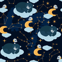 seamless pattern with sleeping bear on a starry sky background - vector illustration, eps