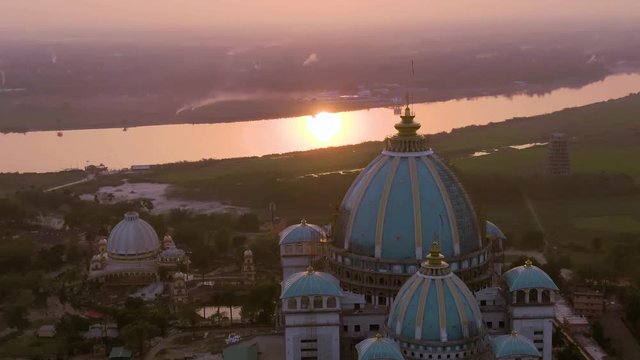 Mayapur, India TOVP temple during nabadwip mandala parikrama festival aerial, 4k drone footage 
