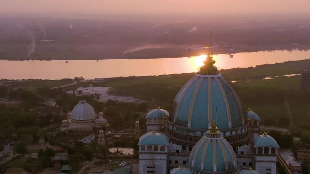 Mayapur, India TOVP temple during nabadwip mandala parikrama festival aerial, 4k drone footage 