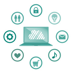 クラウドサーバーとインスピレーションイメージ、フラットデザイン、キャッシュレス、IOT