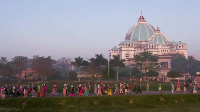 Mayapur, India TOVP temple during nabadwip mandala parikrama festival aerial, 4k drone footage 