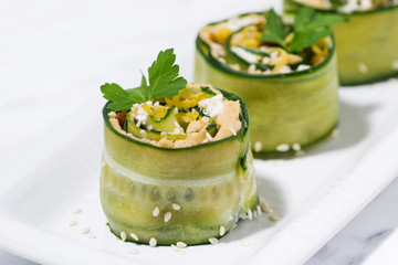 healthy vegetarian rolls with cucumber and hummus, closeup