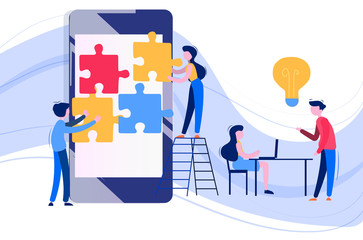 Business Team working on big project. Teamwork, communication, interaction, business process, agile project management concept. Vector illustration on white background.