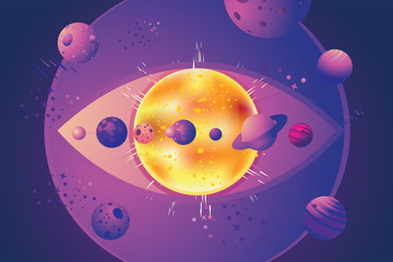 Parade of planets. Fantasy background with spacescape and human eye. Cartoon vector illustration. Esotericist image.
