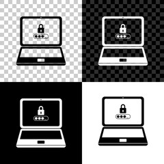 Laptop with password notification and lock icon isolated on black, white and transparent background. Concept of security, personal access, user authorization, login form. Vector Illustration