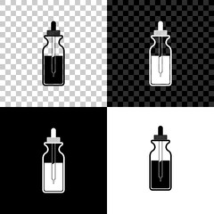 Glass bottle with a pipette. Vial with a pipette inside and closed lid icon isolated on black, white and transparent background. Container for medical and cosmetic product. Vector Illustration