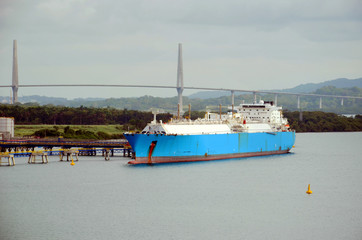 LNG gas tanker ship berthing in the port of  Cristobal, Panama.