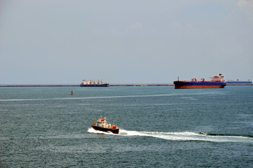 Cargo ships waiting near Cristobal, Panama to enter  Panama Canal.