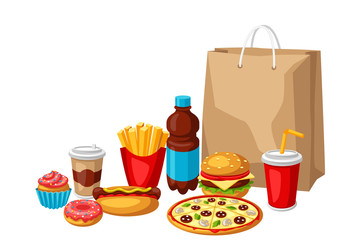 Illustration with fast food meal. Tasty fastfood lunch products.