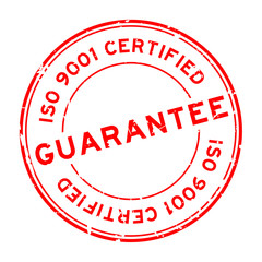 Grunge red iso 9001 certified guarantee word round rubber seal stamp on white background