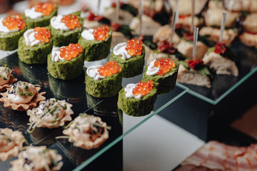delicious festive buffet with canapés and different delicious meals