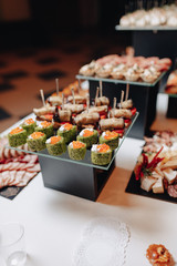 delicious festive buffet with canapés and different delicious meals