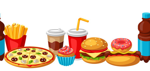 Seamless pattern with fast food meal. Tasty fastfood lunch products.