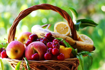 full wooden basket of fresh fruit