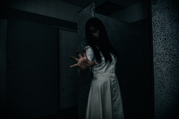 Portrait of asian woman make up ghost face with blood,Horror scene,Scary background,Halloween...