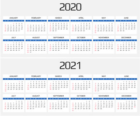 Calendar 2020 and 2021 template. 12 Months. include holiday event