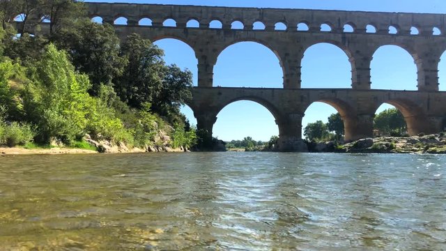 Pont du Gard , ancient Roman aqueduct across Gardon River in Provence, France
