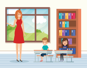 woman teacher in the classroom with kids and books