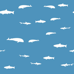 Underwater world in deep ocean. Silhouette of different fishes. Seamless vector EPS 10