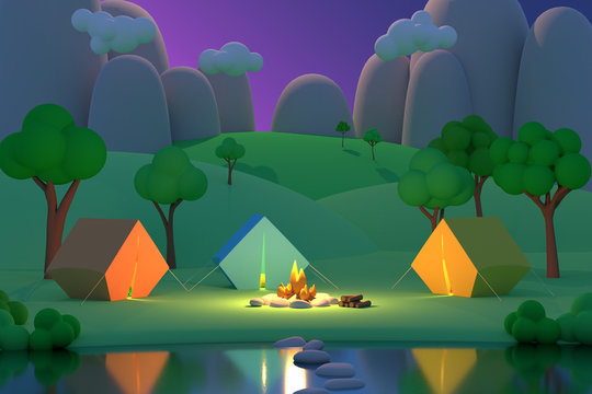 Summer camp in the forest in the night on a background of mountains. Colored tents around the fire. 3D render