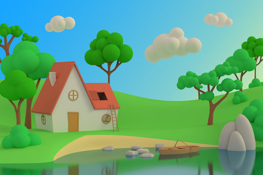 Cartoon house on the lake or river on a background of trees. 3D render.