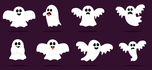 Fototapeta premium Happy Halloween, Ghost, Scary white ghosts. Cute cartoon spooky character. Smiling face, hands. violet background Greeting card