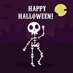 Fototapeta na wymiar Funny skeleton dancing in Halloween party with halloween background trick & treat