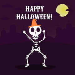 Vintage Halloween poster design with vector vampire character with orange magic hat and halloween bacground