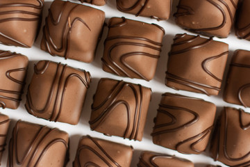 Chocolate candy on white background. Chocolate truffle sweets closeup.