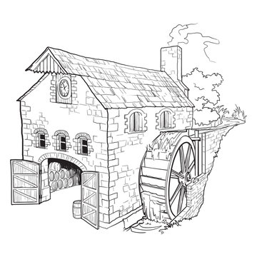 Whiskey making process from grain to bottle. A watermill. Black and white ink style drawing isolated on white background. EPS10 vector illustration.