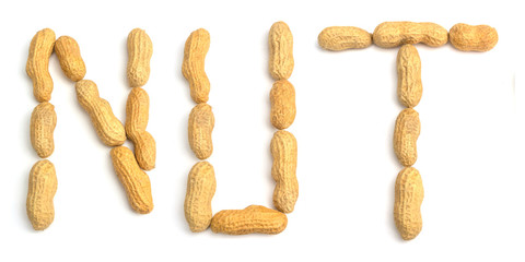 Text aus Erdnüssen freigestellt auf weißem Hintergrund. Erdnüsse geformt zu einem Text. Buchstaben aus Erdnüssen, Ernusstext.  - 272298348