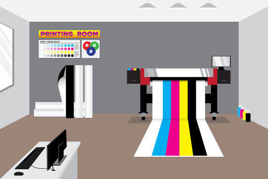 wide format printer and controller system in gray room with media rolls and stuff and already printed colors bar for testing