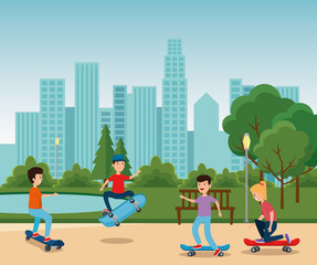 boys and girl playing skateboard in the park
