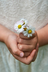 Girl holds a bouquet of daisies in her hands.