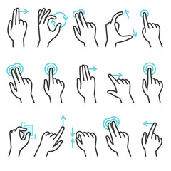 Phone hand gestures. Hand gesture for touchscreen devices, slide touch phone. Zoom move swipe press finger actions, vector symbols set