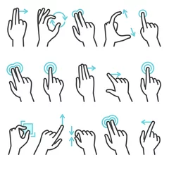 Fotobehang Phone hand gestures. Hand gesture for touchscreen devices, slide touch phone. Zoom move swipe press finger actions, vector symbols set © YummyBuum