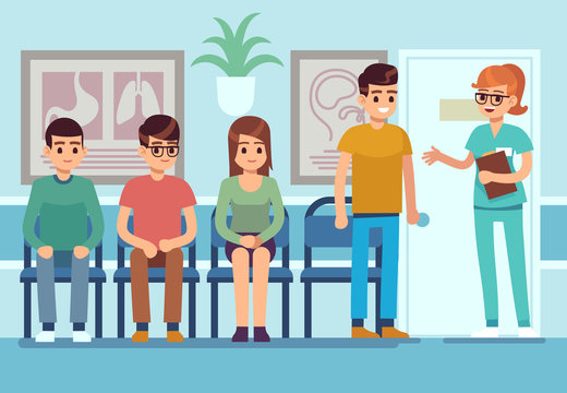 Patients In Doctors Waiting Room. People Wait Hall Clinic Corridor Hospital Ambulance Professional Service, Flat Vector Illustration