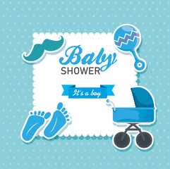 little boy with mustache and rattle with ribbon decoration