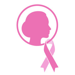 Woman's profile in circle and breast cancer pink ribbon on white background