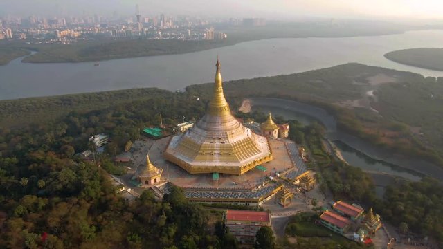 Mumbai, India, "Global Pagoda" temple, 4k aerial drone sunset footage