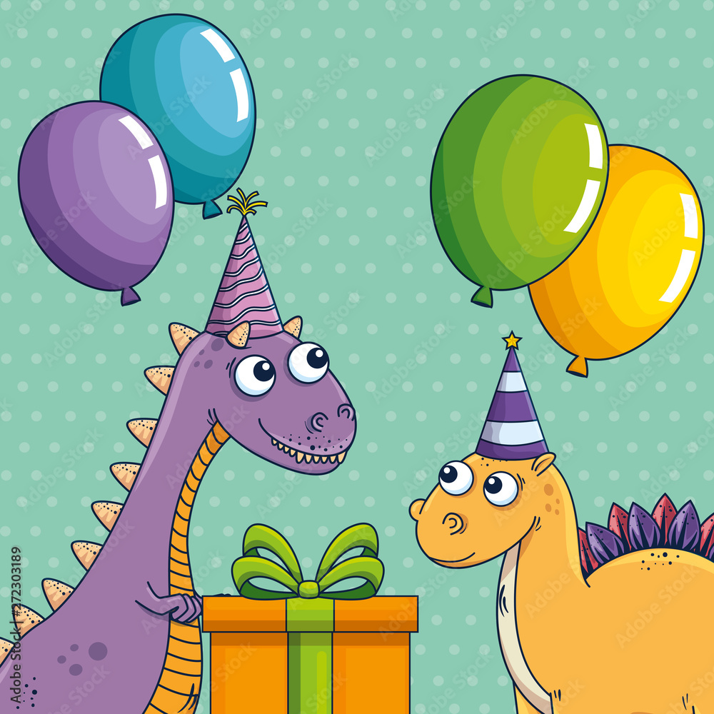 Canvas Prints carnotaurus and stegosaurus with party hat and balloons