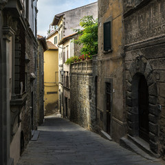 Fototapeta na wymiar A typical narrow street in Cortona historic center. Cortona is a beautiful medieval town in Tuscany, Italy