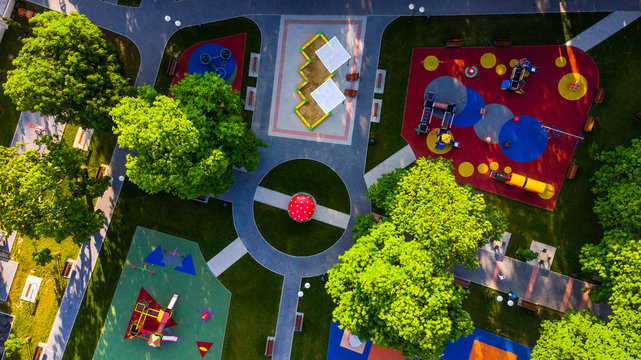 Colorful Playground in Public Park, Aerial Creative Drone Image