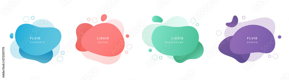 Poster Red flat shape and green fluid blob, blue liquid stain and violet geometric form. Set of isolated abstract aqua spot with gradient or dynamic color. Background for card or template design for flyer.